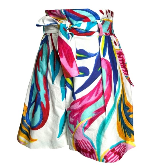 PatBo Floral High Waist Short White Blue Pink Watercolor Boho Cotton - Picture 4 of 9